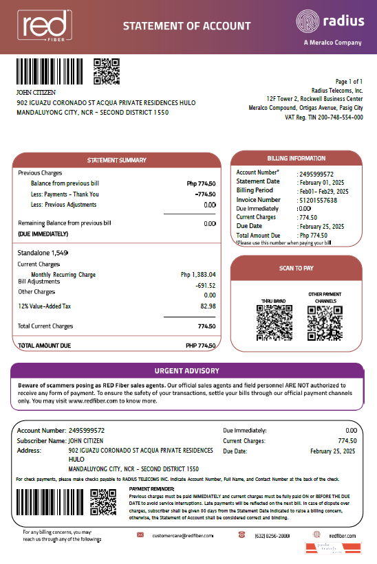 Philippines Red Fiber utility bill template in Word and PDF formats